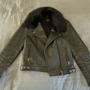 Dark green aviator vegan leather jacket with removable faux fur collar